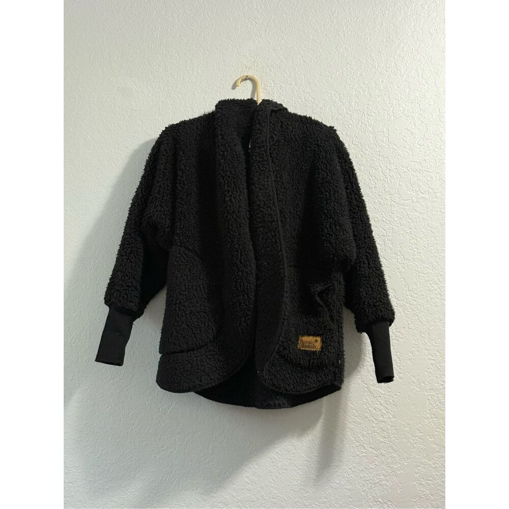 Nordic Beach Black Sherpa Open Front Hooded Fleece Jacket One Size petite